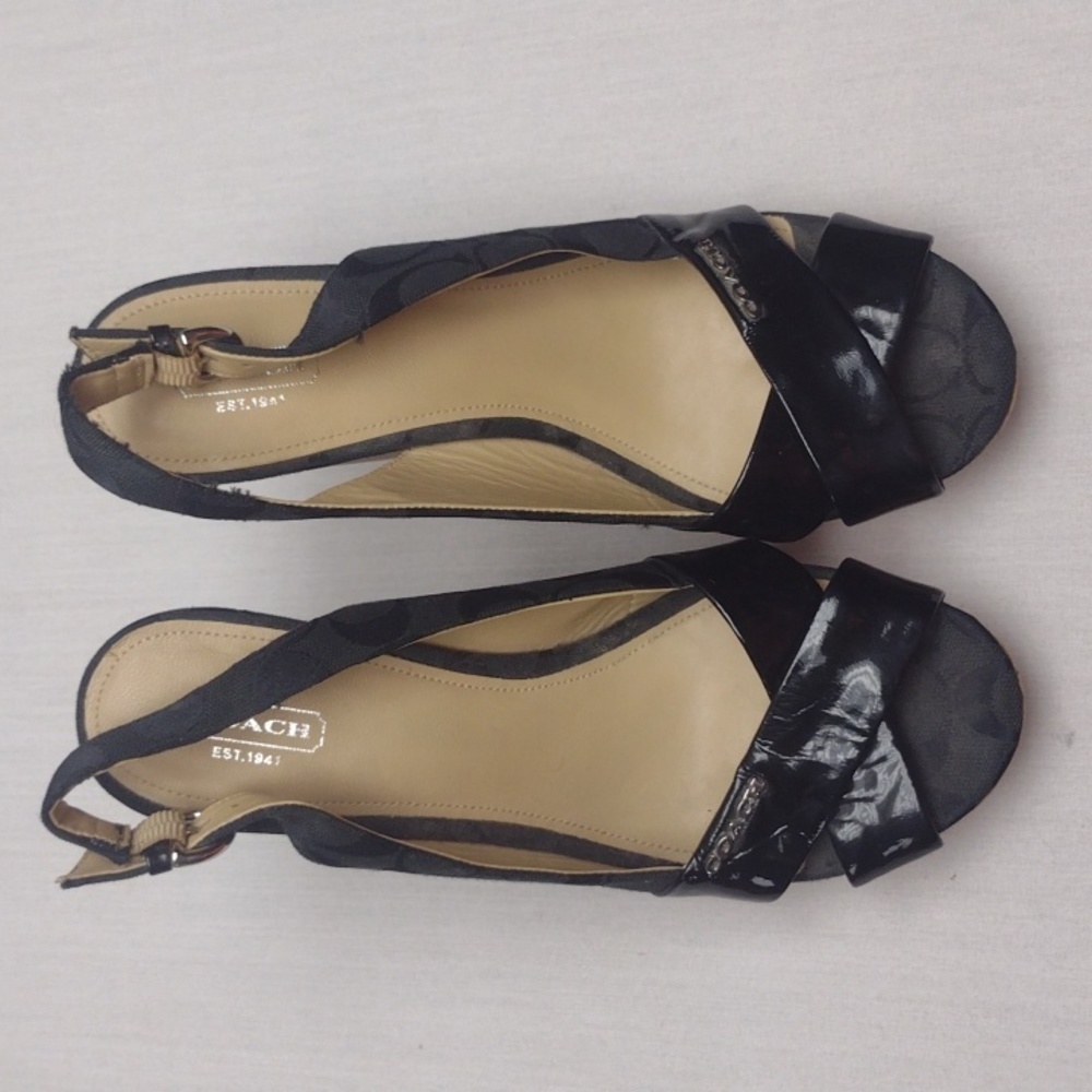 Coach Black Patent Leather & Fabric Slingback Wedge Sandals